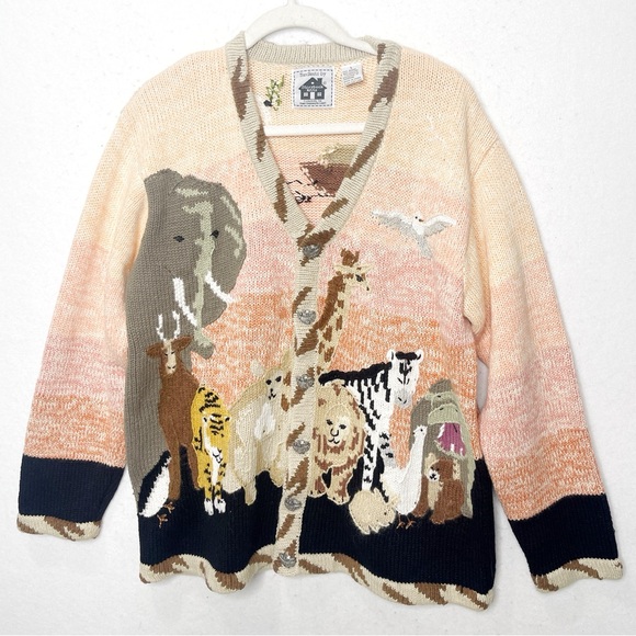 STORYBOOK KNITS Meeting With Noah Knit Cardigan Sweater Noah’s Ark Bible Large - Picture 1 of 13